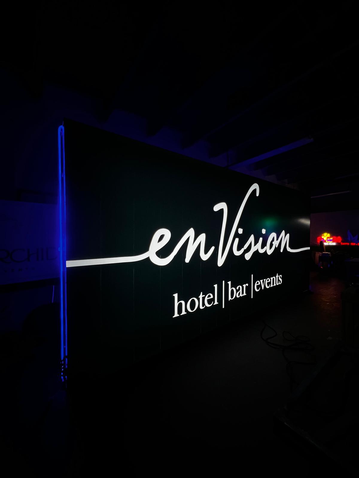 Close-up of vibrant 3M Panaflex face used on the enVision Hotels sign.